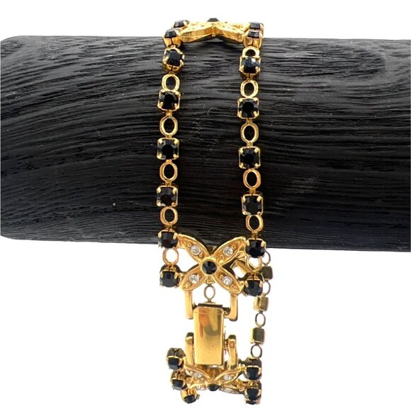 Black & Clear Crystal Bracelet Floral Hugs Gold-tone Chain - 7.25" - Picture 8 of 16